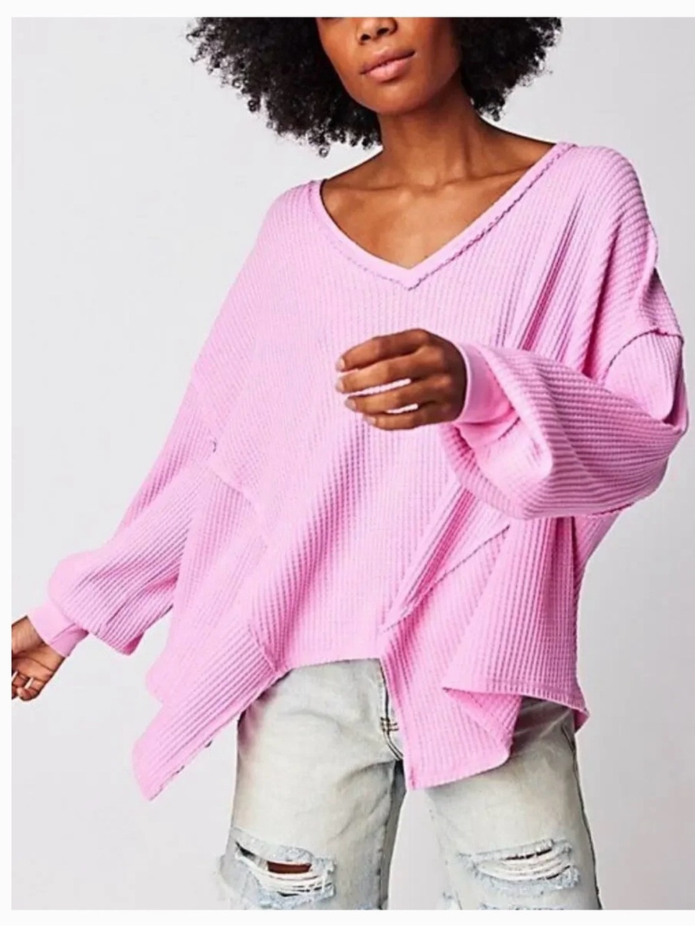 Free People We The Free Coraline Thermal Top Pink Waffle Knit Oversized S